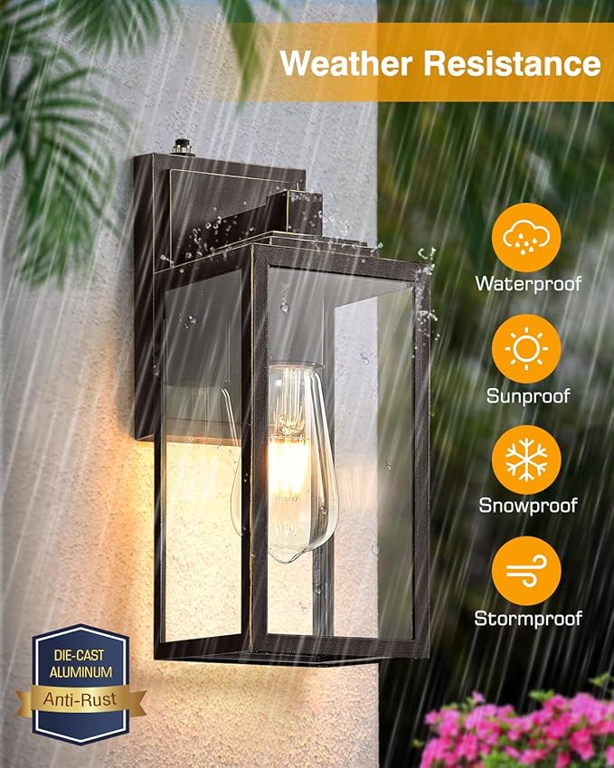 VIANIS Dusk to Dawn Outdoor House Lights Wall Mount 2 Packs Oil Rubbed Bronze Gold Trim Exterior Garage Lighting Fixtures Farmhouse Outdoor Wall Sconce Lantern for Porch Patio Anti-Rust Waterproof