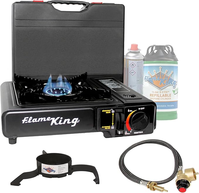 Flame King YSNVT-505-B Dual Fuel Butane &amp Propane Gas Camping Stove with Single Burner Portable and Great for Outdoor Cooking Backpacking