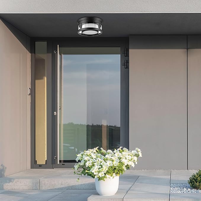 GLOBE Electric 44480 Brisbane 1-Light Outdoor Indoor Flush Mount Ceiling Light Matte Black Frosted Glass Shade Bulb Not Included