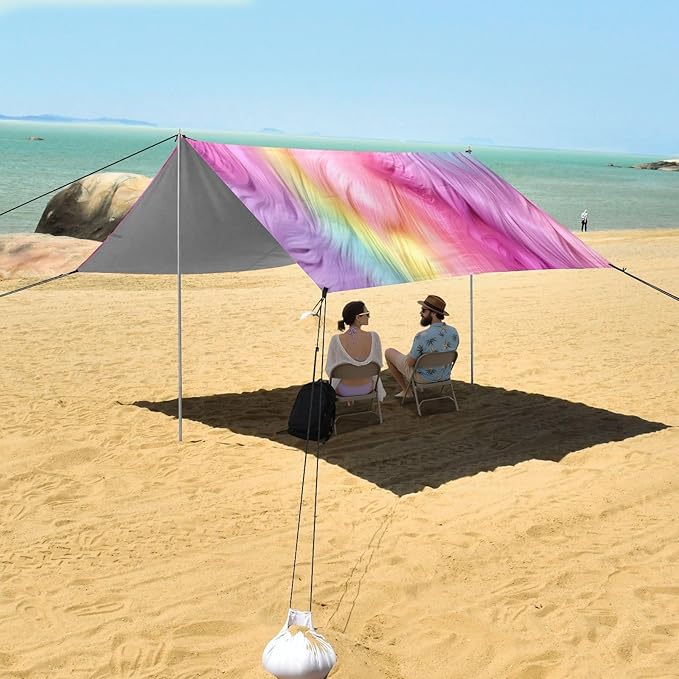 Rainbow Furry Texture Beach Tent Sun Shelter 9.2' x 10.5' Beach Canopy with 4 Sandbags 4 Stability Poles Sand Shovels - Tent Canopy for Beach Camping Fishing Picnics