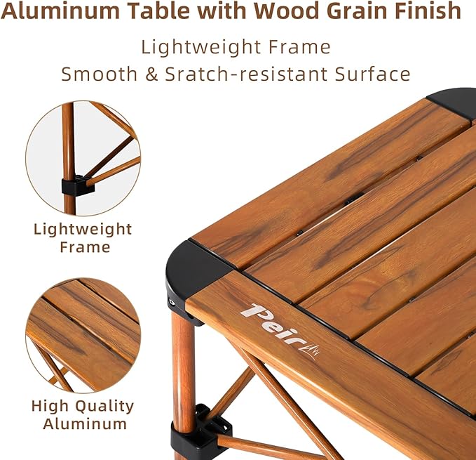 Folding Camping Table Portable Lightweight Aluminum Camp Table Roll Up Top with Storage Net for Outdoor Camping Picnic Backyards BBQ(Woodgrain 15.8 x 15.8 x 15.8in)