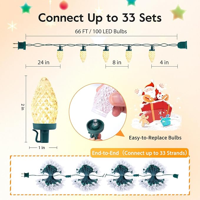 Brightown C9 LED Christmas String Lights 2 Pack Total 132ft 200LED