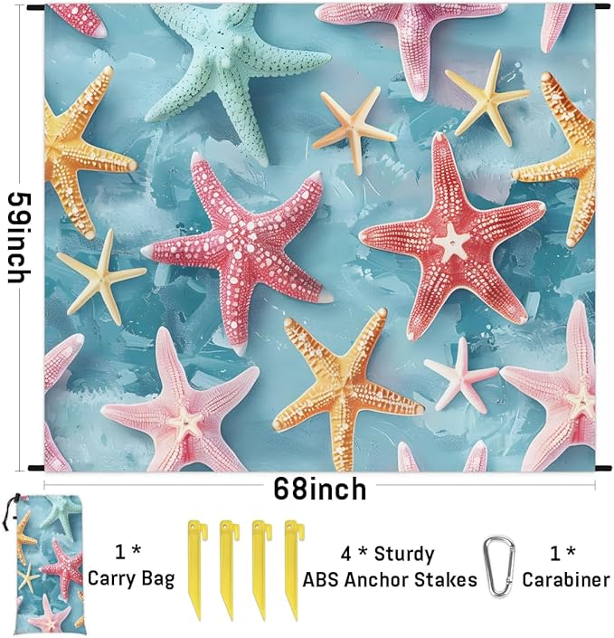 Waterproof Sandproof Beach Blanket 59''×68'' Starfish Polyester Outdoor Picnic Blanket with 4 Stakes &amp Storage Bag for BeachCampingVacation Red
