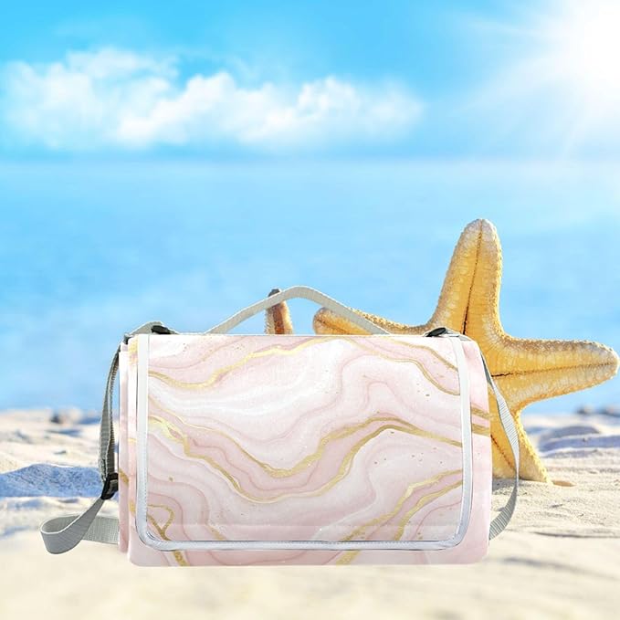 MNSRUU Picnic Blanket Waterproof Foldable Marble Pink Large Outdoor Picnic Beach Camping Blanket Travel Mat Shoulder Strap Tote Rectangle 57x59in