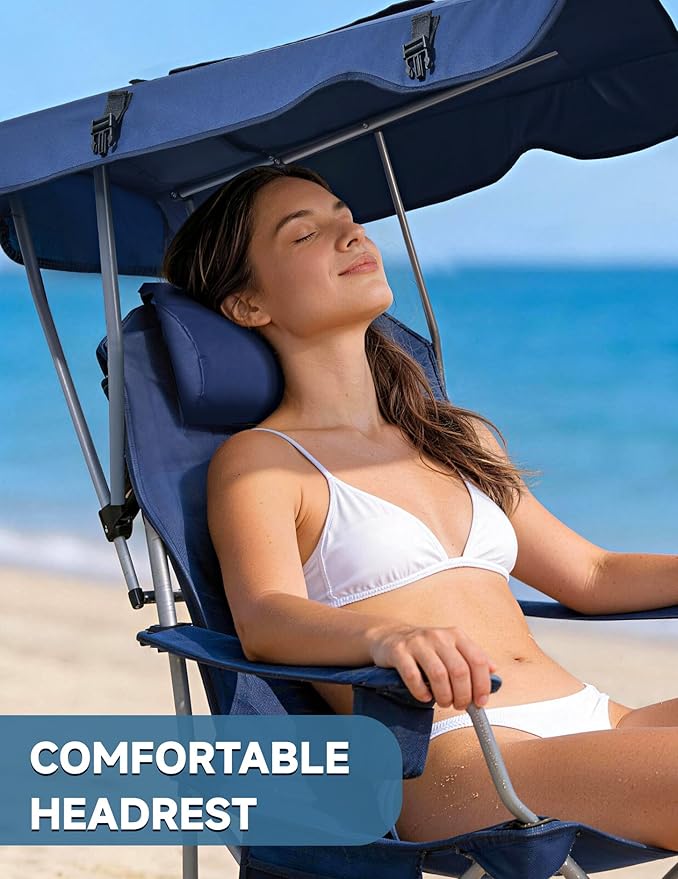 East Oak Camping Chair with Canopy | 25'' High Back Folding Beach Chair with Canopy Shade Removable Headrest Cup Holder Side Pocket 330 lbs Heavy Duty for Sports Events Fishing