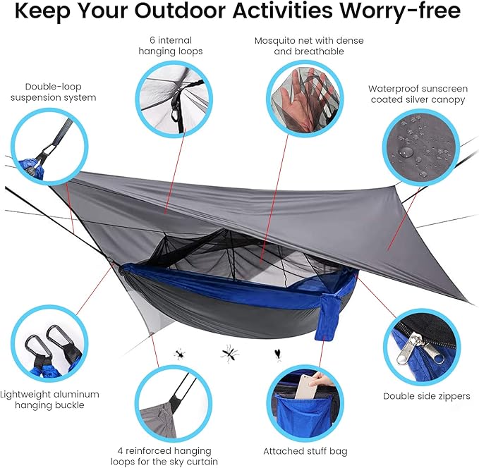 Camping Hammock with Mosquito Net &amp Rain Fly Tent Tarp &amp Tree Straps Portable Strong Nylon Hammock Parachute Tent w/Storage Bag for Camping Hiking Backyard Outdoor Backpacking Travel