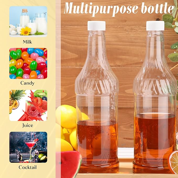 Dandat 20 Pcs 32 oz Plastic Long Neck Bottles with Pourer and Caps Plastic Juice Pour Bottles with Stainless Steel Pourer Tapered Spout for Liquor Juice Store (Rose Gold)