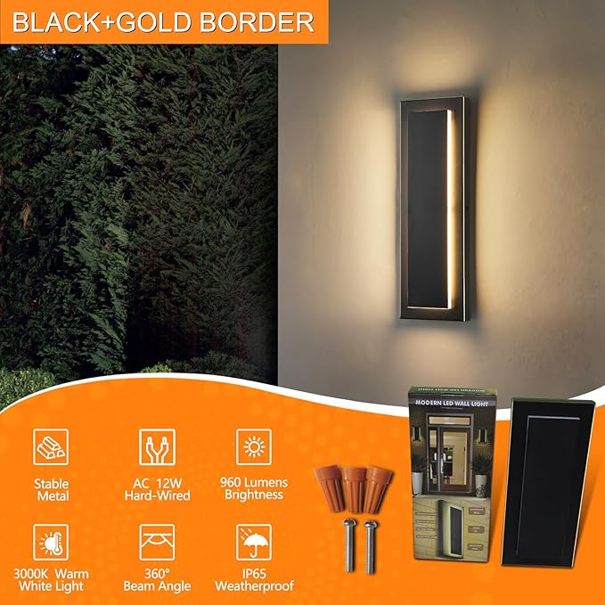tewei 2 Pack LED Outdoor Wall Lights 15.7'' Modern Outdoor Indoor Wall Sconce Large Exterior Lighting Fixtures Outside Front Door Lights for House Hallway Warm White 3000K Black with Gold Finish