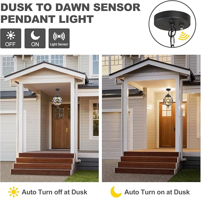 Dusk to Dawn Globe Outdoor Pendant Lights for Porch Garage Black Round Aluminum Anti-Rust Hanging Lighting Fixture Industrial Exterior Ceiling Lantern Light with Amber Glass 2 Pack