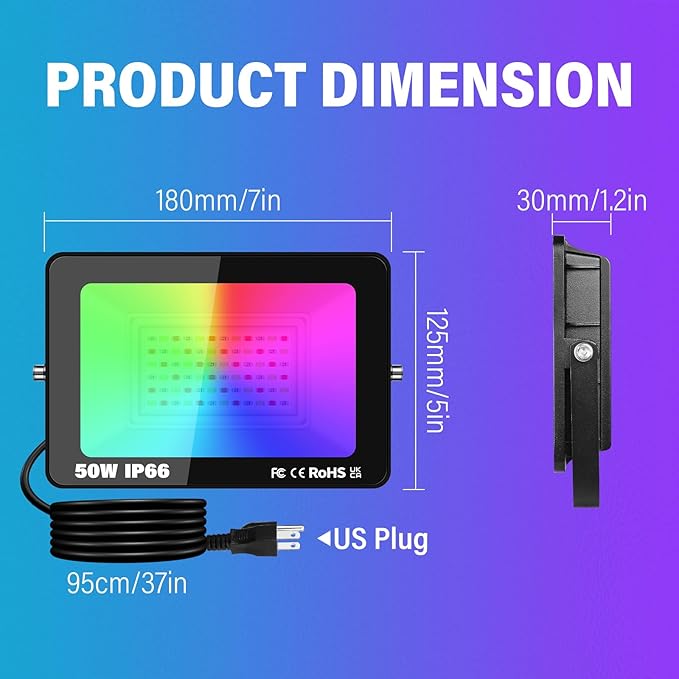 RIGIDON 2 Pack 50W LED Flood Light Outdoor with Plug Smart RGB DIY Scenes Color Changing Landscape Lighting with APP Control IP66 Waterproof Flood Lights for Garden Yards Stage House