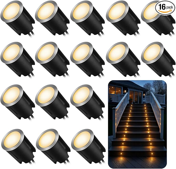 16 Pack LED Recessed Deck Lights with Protecting Shell IP68 Waterproof Warm White 0.6W  Outdoor Landscape Lighting 12V Low Voltage Deck Lights Kit for Garden Yard Step Riser Stair Decoration