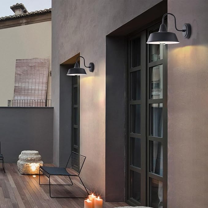 Matte Black Outdoor Gooseneck Barn Light for Porch 10 Inch Dome Farmhouse Exterior Wall Lighting with Wall Mount Outside Wall Sconce Light Fixture for House Porch Garage