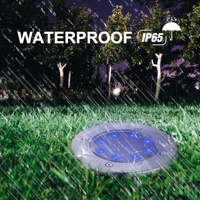 LYHOPE Solar Ground Lights Outdoor 16 Pack 8 LED Solar Disk Lights Waterproof Garden In-ground Pathway Lights Landscape Lighting for LawnYardDeckPatioWalkway (Blue)