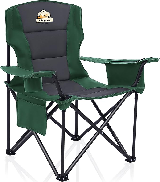Oversized Folding Camping Chairs - 450 LBS Support Heavy Duty Camp Chair with Padded Cushion Portable Outside Chairs with Carry BagCooler Cup Holder for Outdoor Lawn Sports - Green