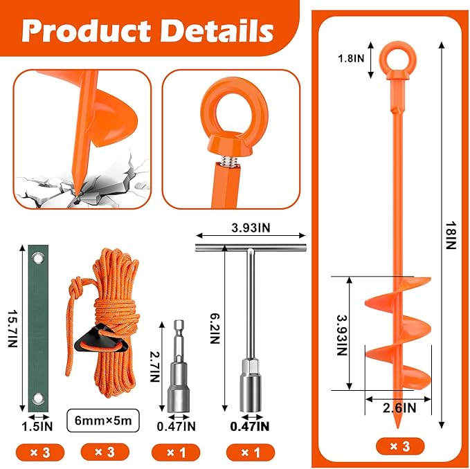 3 Pack 18 Tree Stake Kit Heavy Duty Spiral Stakes and Supports for Leaning and Young Trees Straightening Protect Trees from Bad Weather (Orange)