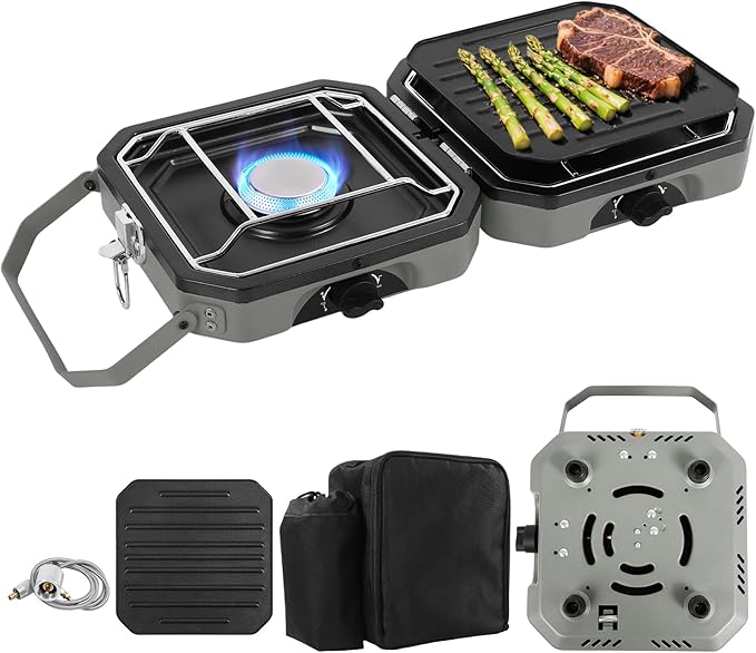 2 Burner Propane Camping Stove With GrillPortable Foldable Camp Stove With 17000BTU Two Piezo Ignition Adjustable Windproof Burners forCamping Grilling Tailgating &amp More (Green)