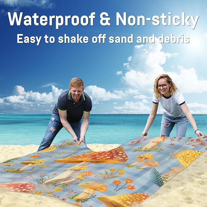 Waterproof Sandproof Beach Blanket 59''×68'' Plants Mushrooms Polyester Outdoor Picnic Blanket with 4 Stakes &amp Storage Bag for BeachCampingVacation Orange