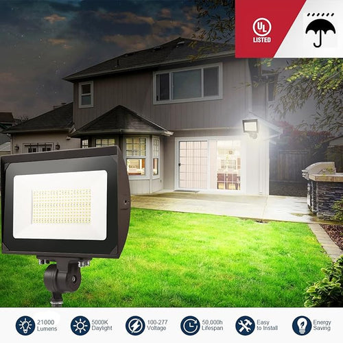 150W Outdoor LED Flood Light with Plate 5000K Daylight 21000LM 100-277V UL/DLC Waterproof LED Security Flood Lighting for Wall Wash/Sign/Flagpole/Tree/Yards/Advertising Boards