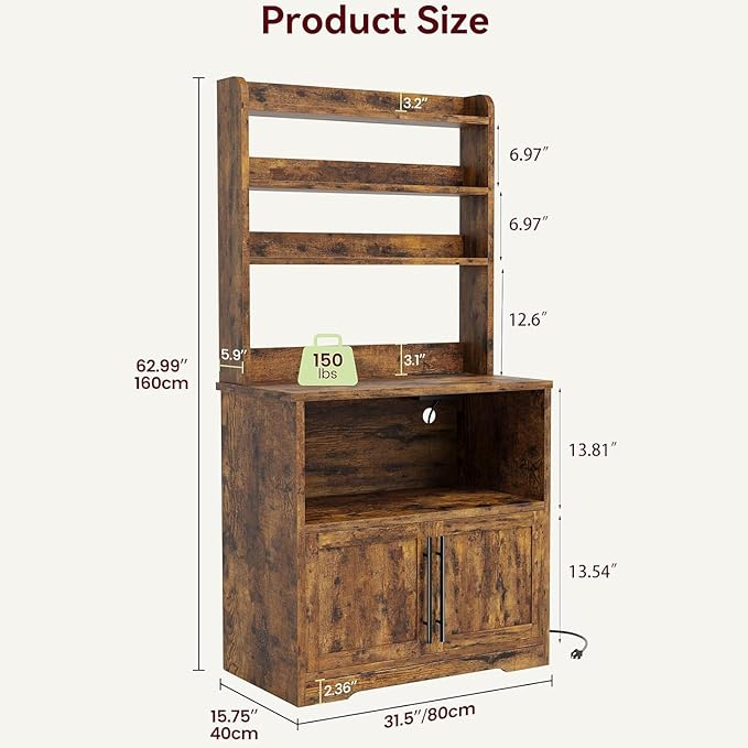 GAOMON Farmhouse Bakers Rack with Storage Cabinet and Charging Station Kitchen Hutch with Thickened Tabletop Power Outlets &amp USB Ports Pantry Organizer Shelf for Kitchen and Dining Room Brown