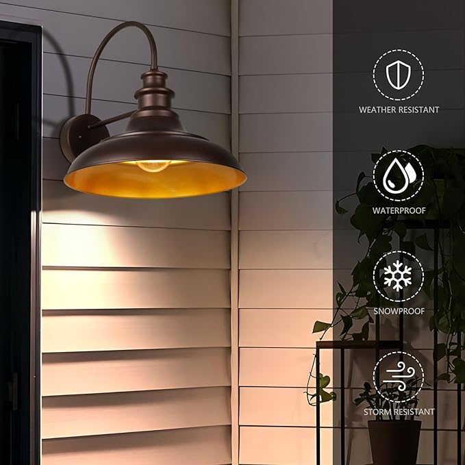 Outdoor Barn Light Fixtures 16 Inch Large Dome Farmhouse Exterior Wall Mount Lights Rustic Wall Sconces Indoor Wall Lighting Industrial Bronze Gold Lanterns for Porch Garage2 Pack