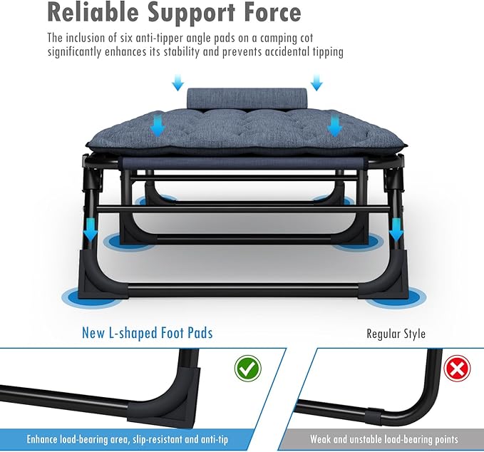 ATORPOK Folding Camping Cot for Adults with Padded Mattress and Pillow Adjustable Reclining Lounger Sleeping Cot Bed Ideal for Camping Travel Garden or Office Use Blue