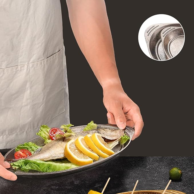 Titanium Fish Plates Oval Serving Dishes Large Capacity Dual-Ear Design Extra-Thick Flat Bottom Perfect for Camping Picnics Outdoor Dining &amp Home Use (S)
