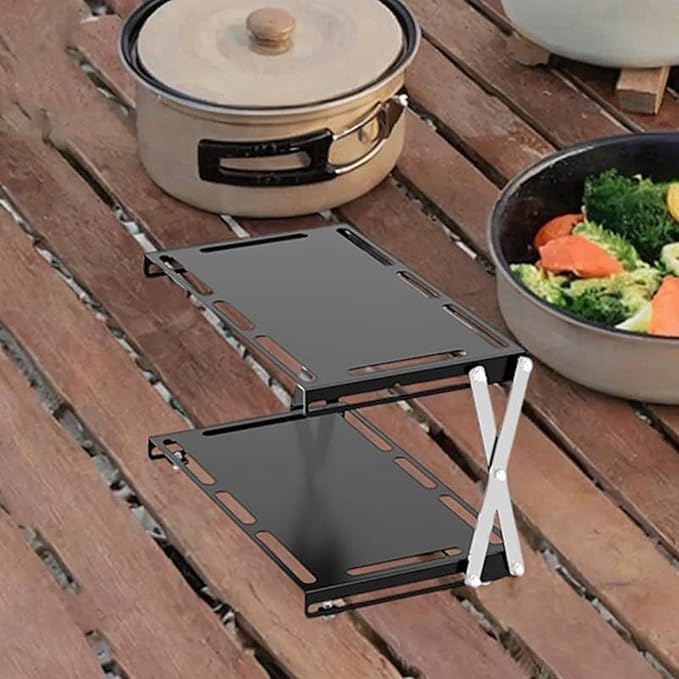 Camping Foldable Storage Rack Outdoor Tabletop Camping Stand Portable Easy to Install Cookware Storage Rack for Barbecue Double Layers