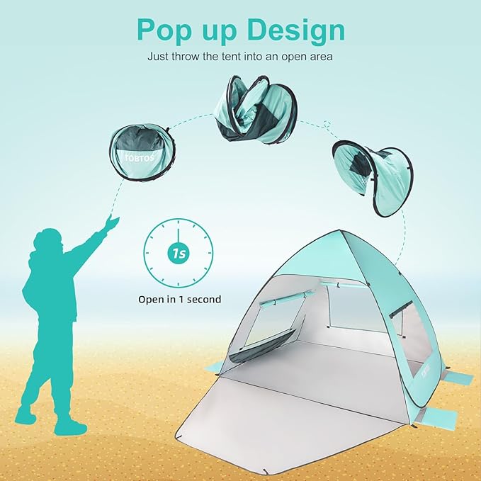 TOBTOS UPF 50+ Pop Up Beach Tent Easy Set Up Beach Umbrella Sun Shelter for 2-3 People UV Protection Portable Sunshade Baby Canopy Cabana Lightweight with Carry Bag