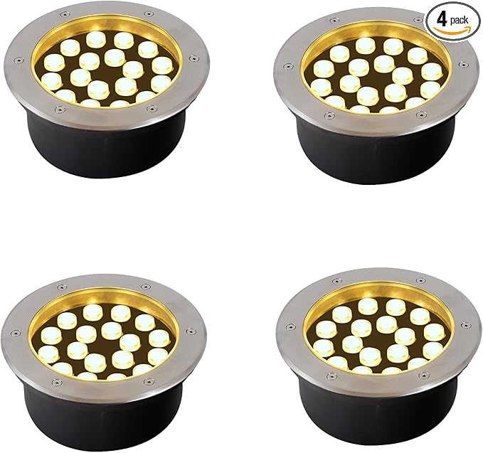 18W Outdoor Ground LightsDiameter 8 inchesWaterproof IP67 Landscape LightWarm White 3000KHigh Voltage 110V 120V Pathway Lighting for WellWalkwaySidewalkGardenYardDeckPack of 4