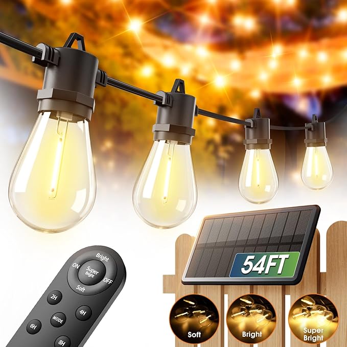 addlon 54FT(48+6) Solar String Lights Outdoor Waterproof with USB Charging &amp Remote Control - Dimmable Solar Power Patio Lights with LED Bulbs for Porch Garden Yard Market Bistro - Last for 20
