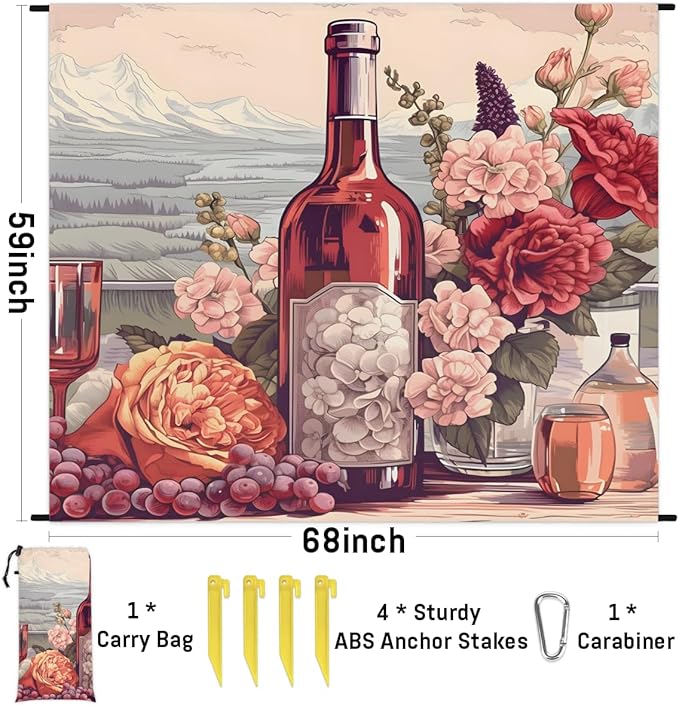 Waterproof Sandproof Beach Blanket 59''×68'' Bottle Polyester Outdoor Picnic Blanket with 4 Stakes &amp Storage Bag for BeachCampingVacation Flowers