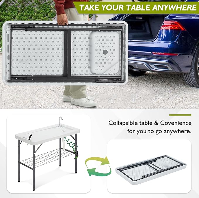 Folding Fish Cleaning Table Portable Camping Sink with Faucet Drainage Hose &amp Sprayer Outdoor Fillet Station Grid Rack Knife Groove for Picnic Fishing Black