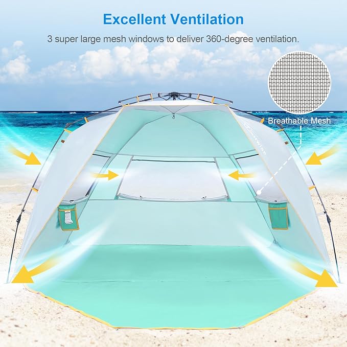Wolfwise Instant Beach Tent Sun Shelter with Zippered Extendable Porch for Privacy Portable Beach Tents with Carrying Bag Easy Setup Pop up Beach Shade for 6-7 Person 110 x57x57 in Mint Green