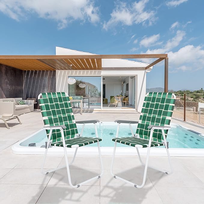 Bonnlo Foldable Patio Chair Set of 2 Heavy-Duty Steel Frame Supports 265 lbs/120 kg Ultra-Lightweight Portable for Travel Poolside Camping Beach (Green Crisscross Weave)