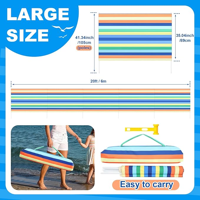 Sliner 20ft Beach Windscreen Kit with Adjustable Beach Umbrella Outdoor and Sand Anchor Wind Blocker for Sand Portable Windscreen Sunbathing Privacy Screen with Bag and Hammer Rainbow Stripe
