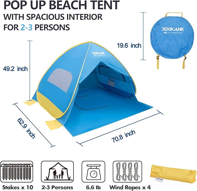 2 Second Easy Setup Pop Up Beach Tent for 2-3 PersonUPF 50+ UV Protection Beach ShadeWind Resistant Sun Protection Family Sun ShelterPortable Lightweight Cabana Canopy with Handy Carry Bag