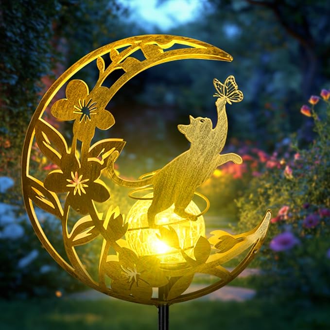 Cat Lights Outdoor Decor - Moon &amp Cat Sola Garden Lights Waterproof Auto On/Off Pathway Lighting for Yard/Lawn/Patio Handcrafted Metal Solar-Stake-Lights for Outside Decorations