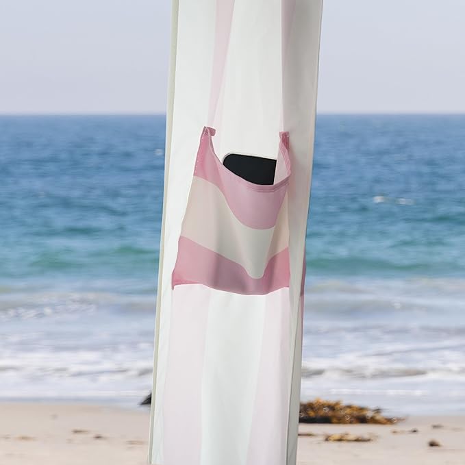 AMMSUN Beach Cabana with Beach Blanket 6.5' x 6.5' Boho Canopy with Tassels Premium Wood Pole Fringe Cabana Tent with Sand Pockets Instant Sun Shade for Sand Garden Outdoor Rose Pink Stripes
