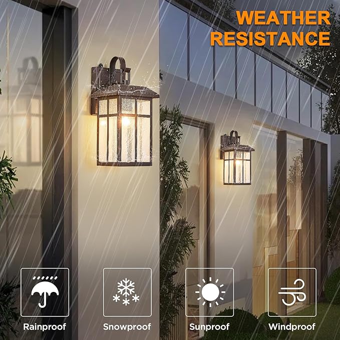 Dusk to Dawn Outdoor Wall Light Fixture Sensor Exterior Wall Sconces Brown Outside Wall Lamp for House Porch Light with Seeded Glass IP65 Waterproof Outdoor Garage Light Wall Mount E26 2-Pack