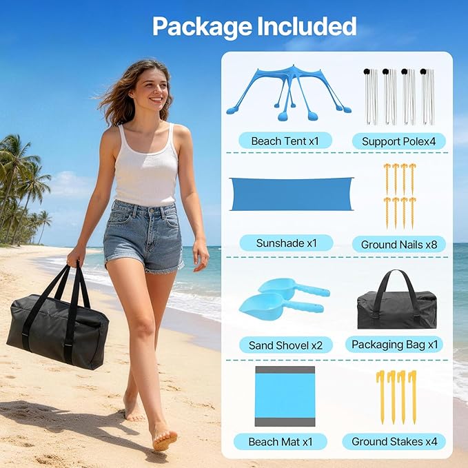 Suteck Beach Tent Sun Shelter with Sidewall Easy Set Up 10x10ft Beach Canopy Outdoor Sun Shade with UPF 50+UV Protection 8 Sandbags 4 Stability Poles for Camping Fishing or Picnics