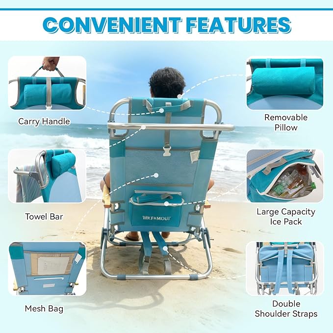 2 Pack Low Backpack Beach Chair with Folding Bamboo Table for Adults 5-Position Lay Flat Reclining Chair Lightweight with Cooler Bag Supports 265 lbs
