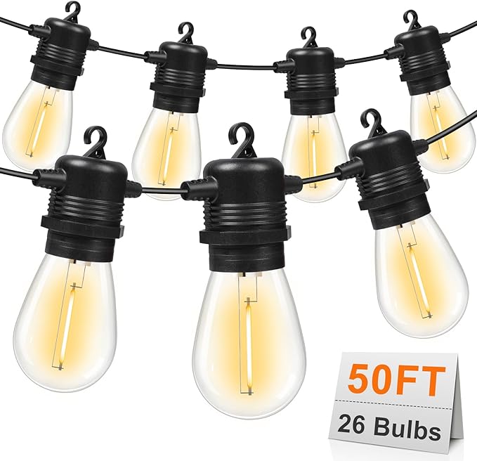 50FT LED Outdoor String Lights with 26 Shatterproof S14 Edison Bulbs (2 Spare) Dimmable Hanging Outdoor Lights for Backyard Porch 2700K Warm White