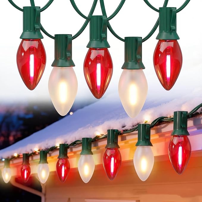 Red and White Christmas Lights Outdoor25ft C7 LED Christmas Lights with 27 Transparent Red and Frosted White BulbsConnectable Vintage Light for Patio Xmas Garden Party Holiday Decor