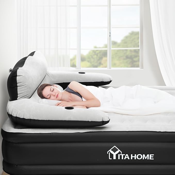 YITAHOME FullXL Size Air Mattress with Headboard 18in Inflatable with Pillow Blow Up Mattress with Removable Electric Pump Comfort Air Bed Queen for Camping &amp Home Black