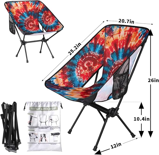 Tie Dye Colorful Camping Chair Rainbow Colorful Lightweight Folding Chair Portable Compact for Outdoor Travel Beach Hiking Backpacking