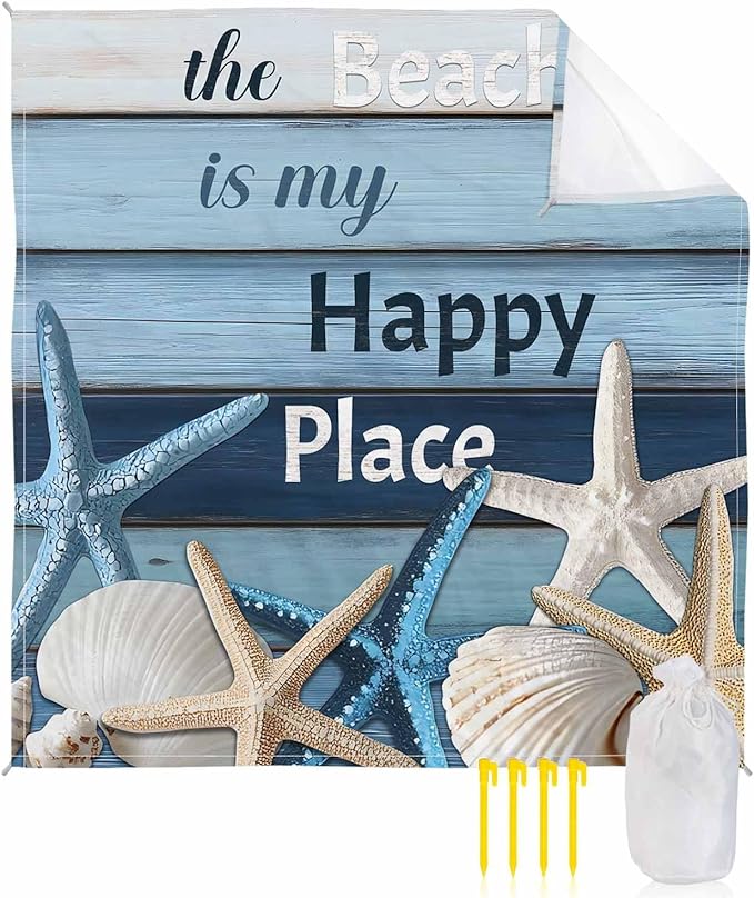 Beach Blanket Waterproof Sandproof Picnic Blanket 83x79 Foldable Beach Mat with Starfish Farmhouse Shell Country Wood Grain Ocean Pattern for Camping Park Grass Beach Travel