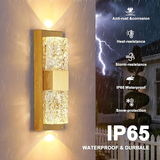 Dusk to Dawn Outdoor Lighting Fixture Wall Mounted - 14.2'' Waterproof Wall Sconce 12W LED Crystal Modern Outside Wall Lamp for Hallway Doorway Porch Patio