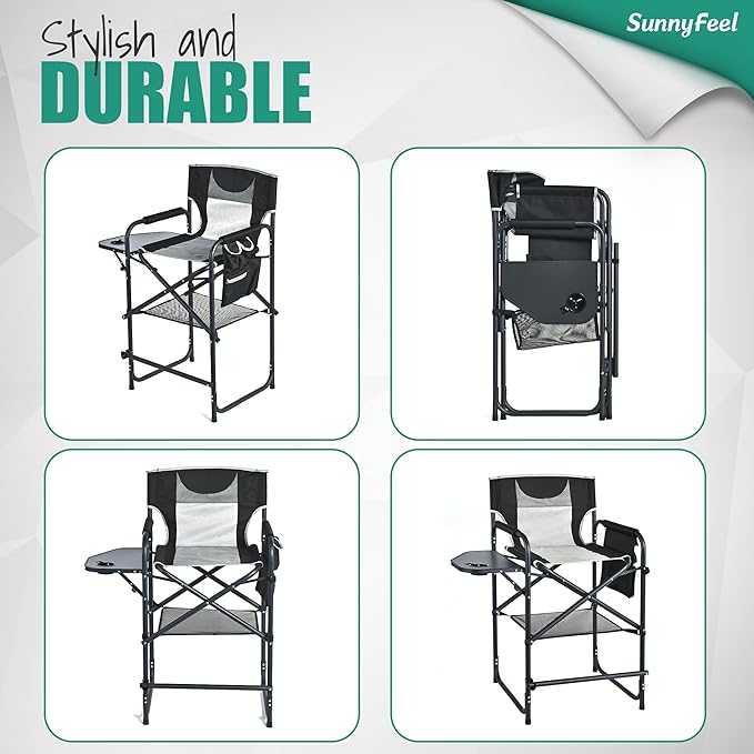 SUNNYFEEL Tall Camping Directors Chair Portable Folding Artist Makeup Chair with Side Table Pocket Footrest Heavy Duty for BeachTripPicnicConcert Outdoor Foldable Camp Lawn Chairs