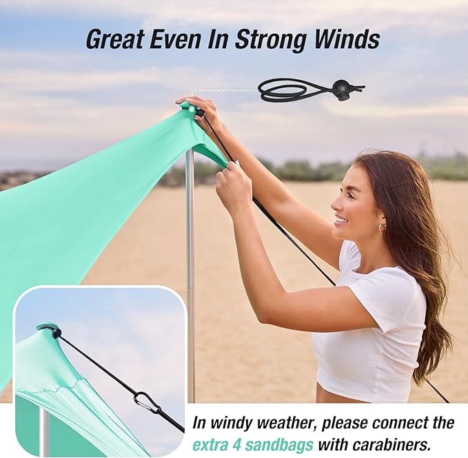 ADesign Windproof Beach Tent Sun Shelter with 8 Sandbags Wind Resistant Large Family Beach Canopy with Sand Shovel UPF50+ 6.5 FT Tall Easy Setup Sun Shade for Beach Vacation