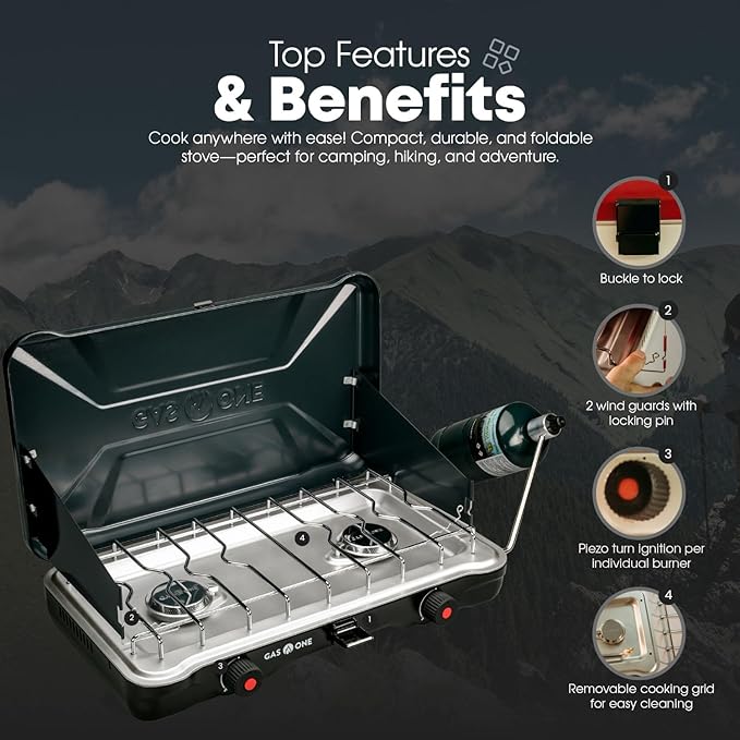 GasOne Portable Camping Stove – Double Propane Stove with Auto Twist Turn Ignition – 22000 BTU Camping Cooktop with 2 Burners and Wind Guard – Ideal for Tailgating Fishing Travel